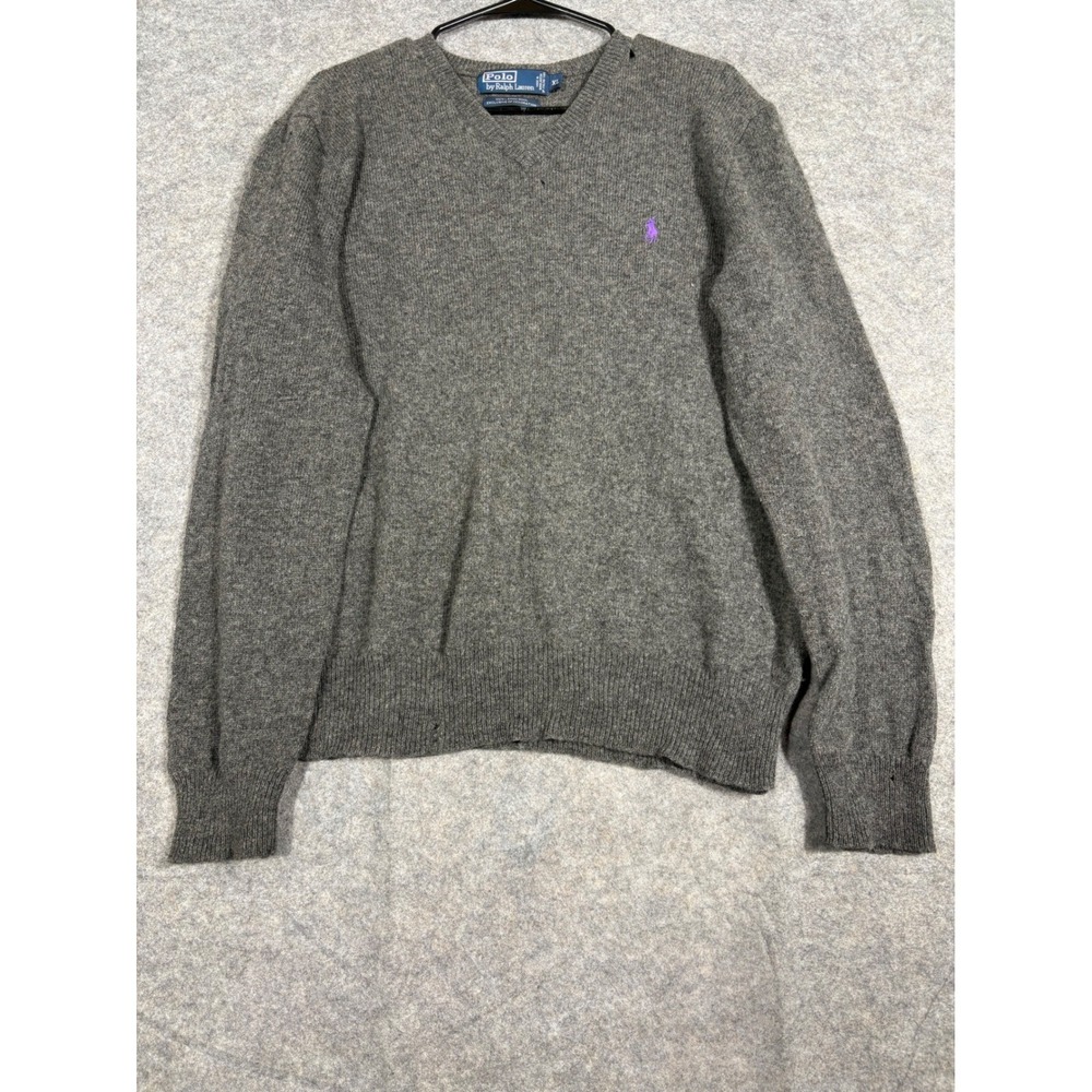 Polo‎ Ralph Lauren Men's V-Neck Sweater XL Gray Lambswool Purple Pony Logo